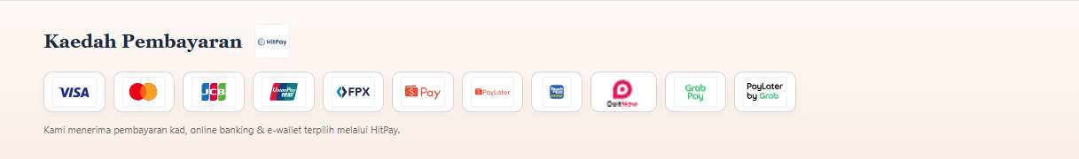 Kaedah Pembayaran melalui HitPay: Visa, Mastercard, JCB, UnionPay, FPX, ShopeePay, SPayLater, Touch 'n Go eWallet, DuitNow, GrabPay dan PayLater by Grab