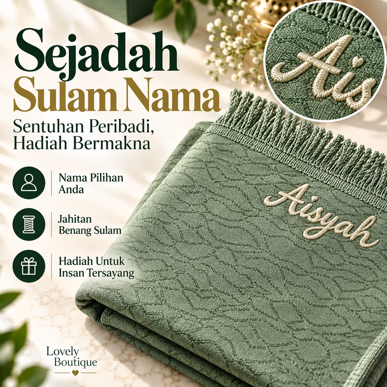 Sejadah Sulam Nama 115cm x 70cm
